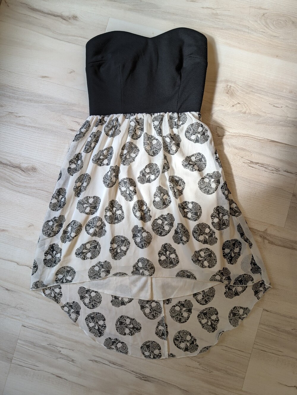 Strapless Black and White Skull-Print Hi-Low Dress